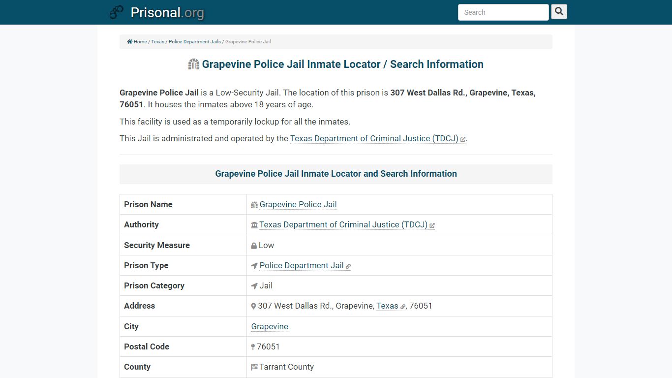 Grapevine Police Jail-Inmate Locator/Search Info, Phone ...